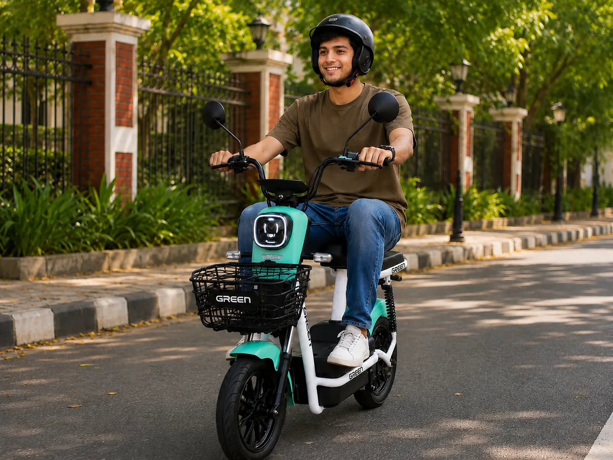 Rider on a Green EV electric scooter